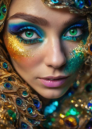 peacock eye,fairy peacock,peacock,mermaid vectors,mermaid background,women's eyes,glitter eyes,eyes makeup,fantasy portrait,colorful foil background,green mermaid scale,faery,masquerade,gold foil mermaid,glitters,neon makeup,mermaid,makeup artist,mystical portrait of a girl,glitter trail,Conceptual Art,Oil color,Oil Color 21