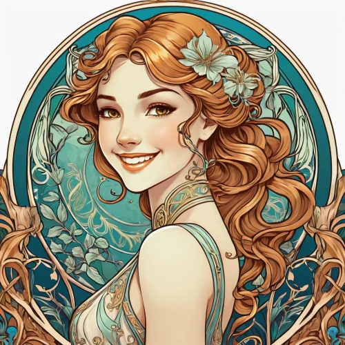 merida,jessamine,vanessa (butterfly),jasmine blossom,art nouveau,rosa ' amber cover,fairy tale icons,jasmine,fairy tale character,flora,fae,fantasy portrait,white rose snow queen,elsa,mucha,rose flower illustration,eglantine,art nouveau design,rapunzel,rosa 'the fairy,Illustration,Retro,Retro 13