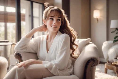 bathrobe,sitting on a chair,dhabi,a charming woman,woman sitting,uji,real estate agent,commercial,bussiness woman,tiffany,soft furniture,white clothing,elegant,china massage therapy,white shirt,spa items,relaxing massage,adorable,sofa,romantic look,Photography,Natural