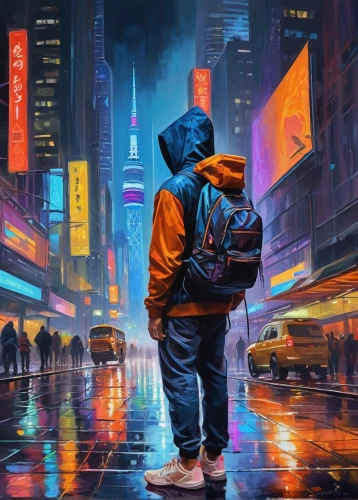 cyberpunk,world digital painting,pedestrian,colorful city,would a background,walking in the rain,hk,digital painting,pedestrians,city youth,travelers,music background,cityscape,urban,a pedestrian,shanghai,dystopian,digital nomads,hong kong,80s,Conceptual Art,Oil color,Oil Color 22