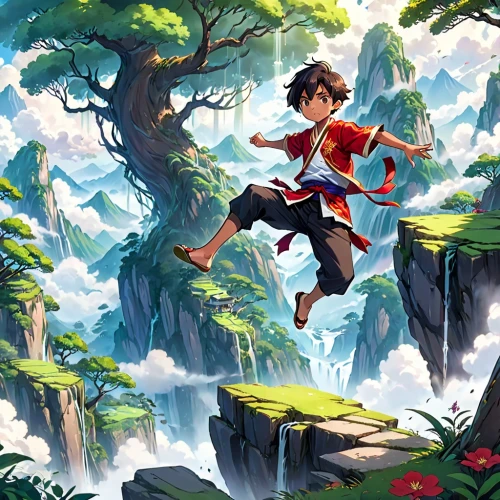 studio ghibli,ash falls,game illustration,mowgli,flying girl,adventurer,tarzan,mountain guide,chasm,meteora,2d,leap of faith,cg artwork,wander,pekapoo,children's background,yakushima,fantasia,adventure,flying seeds,Anime,Anime,Traditional