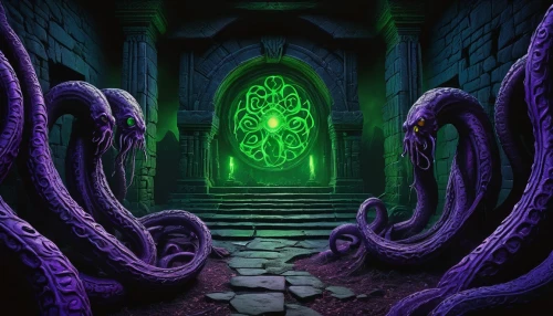 hall of the fallen,portal,tentacles,tentacle,calamari,patrol,dungeon,kraken,defense,auqarium,dungeons,cuthulu,the threshold of the house,medusa gorgon,end-of-admoria,wall,necropolis,sci fiction illustration,haunted cathedral,chamber,Conceptual Art,Daily,Daily 19