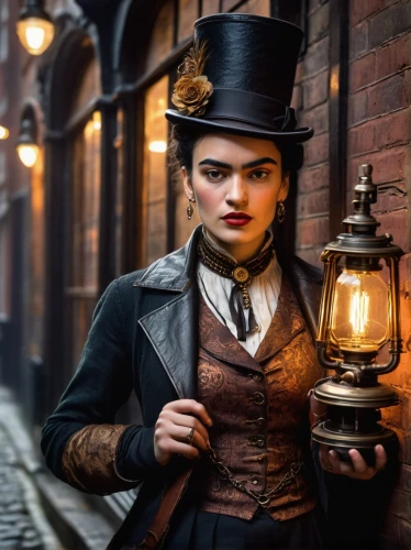 gas lamp,lamplighter,the victorian era,victorian style,victorian fashion,victorian lady,girl in a historic way,steampunk,victorian,stovepipe hat,hatter,bowler hat,clockmaker,female doctor,cordwainer,suffragette,the hat-female,the hat of the woman,top hat,portrait photographers,Art,Artistic Painting,Artistic Painting 31