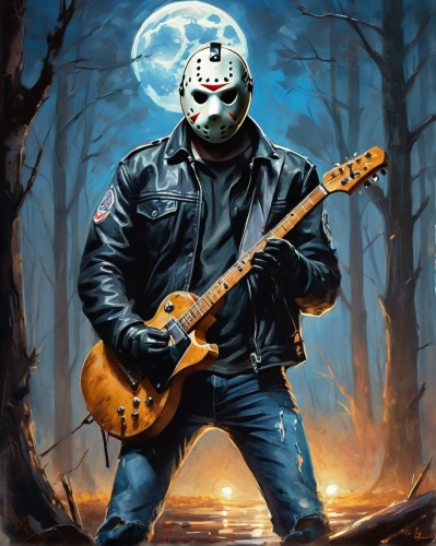 chainsaw,guitar player,guitar solo,male mask killer,skull mask,halloween poster,terminator,skull allover,with the mask,respirator,respirators,scull,masked man,calavera,ghoul,electric guitar,helloween,hockey mask,guitar head,musician,Conceptual Art,Oil color,Oil Color 10