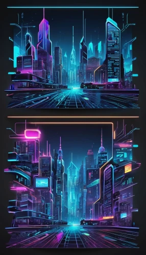 neon arrows,cities,metropolis,neon ghosts,80's design,backgrounds,city cities,cyberpunk,retro background,mobile video game vector background,city trans,neon lights,cityscape,fantasy city,background vector,futuristic,neon human resources,art deco background,futuristic landscape,city blocks,Unique,Design,Sticker