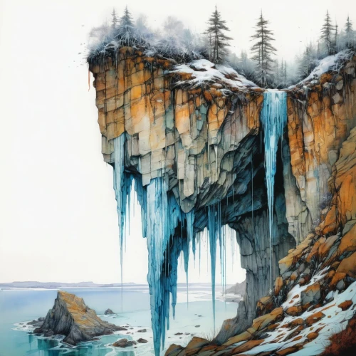 ice landscape,glacial melt,falls of the cliff,ice castle,ice cave,split rock,icicle,lake baikal,icicles,glacier cave,cliffs ocean,baikal,cliffs,cliff face,coastal landscape,fjord,limestone cliff,crevasse,icebergs,arête,Illustration,Paper based,Paper Based 13