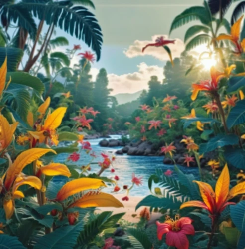 tropical floral background,tropical bloom,tropical jungle,tropics,garden of eden,tropical house,tropical island,tropical flowers,tropical birds,tropical animals,cartoon video game background,tropical sea,landscape background,polynesia,sub-tropical,exotic plants,tropical and subtropical coniferous forests,virtual landscape,oasis,robert duncanson,Photography,General,Realistic