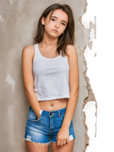jeans background,girl in t-shirt,girl on a white background,portrait background,women's clothing,female model,women clothes,teen,denim background,crop top,young woman,cotton top,jean shorts,beautiful young woman,photographic background,relaxed young girl,girl in overalls,right curve background,pretty young woman,photo session in torn clothes,Illustration,Vector,Vector 17