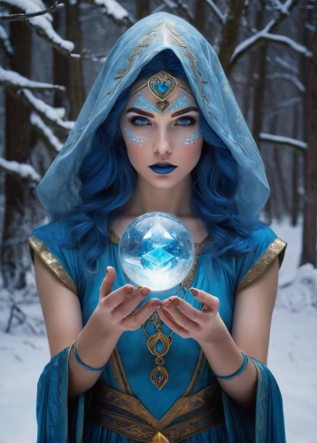 the snow queen,blue enchantress,ice queen,crystal ball-photography,crystal ball,winterblueher,fantasy woman,sorceress,snow white,the enchantress,ice princess,fantasy portrait,fantasy picture,mystical portrait of a girl,summoner,ethereum,the ethereum,fantasy art,suit of the snow maiden,elsa,Conceptual Art,Daily,Daily 25