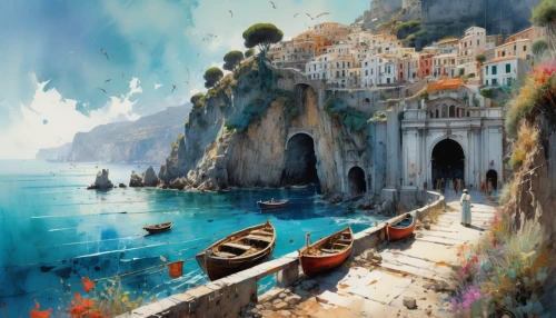 positano,amalfi,amalfi coast,boat landscape,fantasy landscape,world digital painting,venetian,coastal landscape,mediterranean,sea landscape,fishing village,portofino,fantasy art,capri,italian painter,fantasy picture,dubrovnic,dubrovnik,harbor,fishing boats,Illustration,Realistic Fantasy,Realistic Fantasy 39