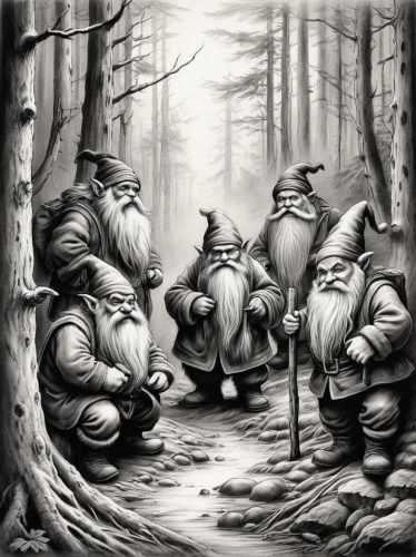 gnomes,dwarves,scandia gnomes,dwarfs,druids,elves,gnomes at table,druid grove,wizards,gnome ice skating,wise men,three wise men,cartoon forest,gnome skiing,gnome,the three wise men,santa clauses,monks,trolls,pied piper,Illustration,Black and White,Black and White 35