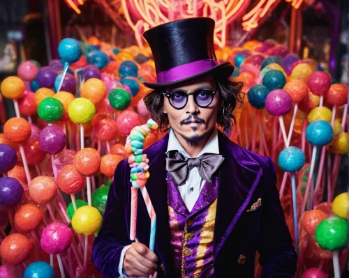 ringmaster,mardi gras,magician,hatter,purple rizantém,candy boy,colorful balloons,candy cauldron,circus,cirque,las vegas entertainer,candy store,circus show,circus animal,groucho marx,juggler,lollipops,candy bar,candy shop,juggling club,Illustration,Realistic Fantasy,Realistic Fantasy 47