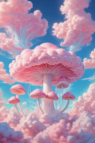 mushroom landscape,cloud mushroom,mushroom island,mushroom cloud,mushrooms,toadstools,club mushroom,wonderland,fairy world,toadstool,cloud towers,cumulus,cotton candy,3d fantasy,tree mushroom,mushroom type,clouds - sky,fantasy landscape,mushroom,fairy forest,Illustration,Realistic Fantasy,Realistic Fantasy 39