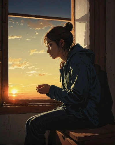 girl studying,digital painting,in the evening,meditative,sunrise,evening atmosphere,summer evening,sunset,window sill,meditation,study,dawn,morning light,contemplation,girl sitting,windowsill,tea zen,world digital painting,the evening light,daybreak