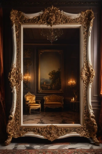 decorative frame,ornate room,mirror frame,rococo,four poster,art nouveau frame,the throne,danish room,interior decor,gold stucco frame,royal interior,armoire,baroque,four-poster,art nouveau frames,neoclassical,wood frame,fire screen,the mirror,wood mirror,Photography,General,Fantasy