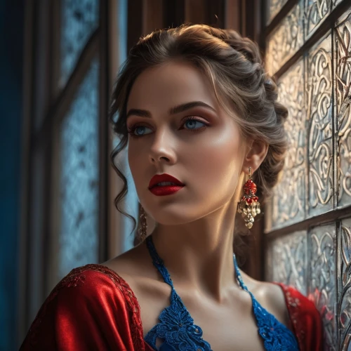romantic portrait,red gown,romantic look,man in red dress,portrait photographers,lady in red,portrait photography,red lipstick,fantasy portrait,vintage woman,cinderella,retouching,girl in red dress,red lips,mystical portrait of a girl,enchanting,woman portrait,retouch,red and blue,red cape,Photography,General,Fantasy