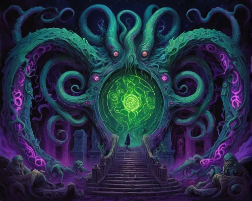 argus,horn of amaltheia,mirror of souls,cuthulu,end-of-admoria,cauldron,magic grimoire,medusa gorgon,anahata,tentacle,the mystical path,debt spell,apophysis,pall-bearer,druid grove,druid stone,time spiral,astral traveler,portal,polyp,Conceptual Art,Oil color,Oil Color 23