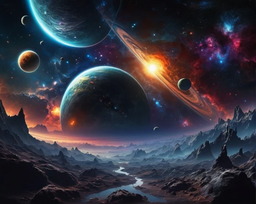 space art,alien planet,planets,alien world,astronomy,planetary system,universe,outer space,the universe,exoplanet,celestial bodies,planet alien sky,space,scene cosmic,planet,astronomical,planet eart,fantasy landscape,inner planets,vast,Illustration,Retro,Retro 24