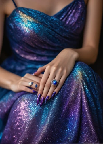 glittering,nail design,purple glitter,evening dress,cocktail dress,fingernail polish,jeweled,glitters,gold and purple,sparkle,ball gown,colorful foil background,sparkly,purple dress,galaxies,metallic feel,mermaid scale,galaxy,colorful ring,shimmering,Illustration,American Style,American Style 14