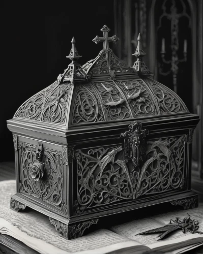 sepulchre,music chest,funeral urns,memento mori,treasure chest,lyre box,knight pulpit,chiffonier,christopher columbus's ashes,tomb,casket,lectern,vanitas,card box,grave jewelry,coffin,musical box,antiquariat,tabernacle,wooden box,Illustration,Black and White,Black and White 30