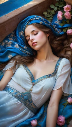 the sleeping rose,sleeping rose,sleeping beauty,relaxed young girl,cinderella,rose sleeping apple,girl lying on the grass,blue rose,blue moon rose,jasmine blue,fairy tale character,scent of roses,with roses,jessamine,idyll,celtic woman,fairytales,fantasy picture,blue pillow,gracefulness,Conceptual Art,Fantasy,Fantasy 11