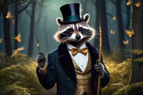 north american raccoon,tuxedo,groom,raccoon,gentlemanly,animals play dress-up,aristocrat,anthropomorphized animals,suit of spades,tuxedo just,magician,conductor,the groom,formal attire,formal guy,raccoons,tux,badger,suit,whimsical animals,Illustration,Retro,Retro 08