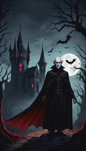 dracula,grimm reaper,halloween illustration,halloween poster,grim reaper,halloween background,count,haunted castle,bram stoker,vampire,witch house,halloween and horror,the haunted house,dark gothic mood,halloween wallpaper,ghost castle,haunted cathedral,dance of death,gothic,vampires,Illustration,Realistic Fantasy,Realistic Fantasy 25