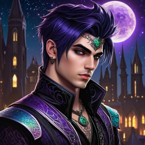 fantasy portrait,merlin,male elf,aladin,aladha,cg artwork,dusk background,alexander,halloween banner,zodiac sign libra,edit icon,halloween background,valentin,king of the ravens,leo,yukio,portrait background,purple moon,fantasy art,prince,Illustration,Realistic Fantasy,Realistic Fantasy 45