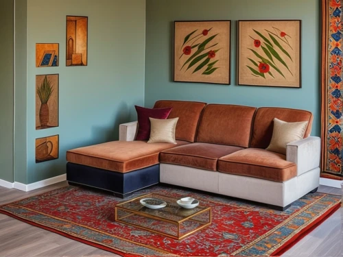 moroccan pattern,mid century modern,contemporary decor,interior decor,modern decor,teal and orange,chaise lounge,sitting room,ottoman,mid century,interior decoration,patterned wood decoration,ethnic design,family room,mid century house,search interior solutions,apartment lounge,interior design,livingroom,boho art,Photography,General,Realistic