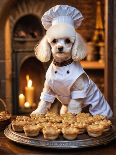 pastry chef,chef,bichon frisé,maltepoo,king charles spaniel,potcake dog,gingerbread maker,pâtisserie,miniature poodle,cavachon,cavapoo,caterer,havanese,purebred dog,hors d'oeuvre,bake cookies,shih-poo,pastries,toy poodle,bichon,Photography,General,Commercial