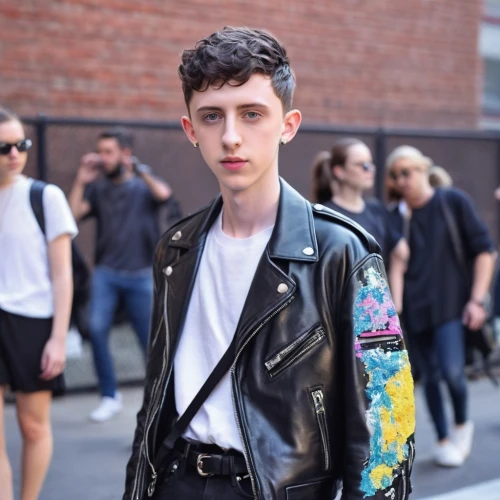 woman in menswear,george russell,street fashion,menswear,bolero jacket,leather jacket,blogger icon,male model,fashion street,jean jacket,vintage boy,fuller's london pride,on the street,pompadour,young model,boys fashion,beatnik,black leather,leather,menswear for women,Photography,Fashion Photography,Fashion Photography 25