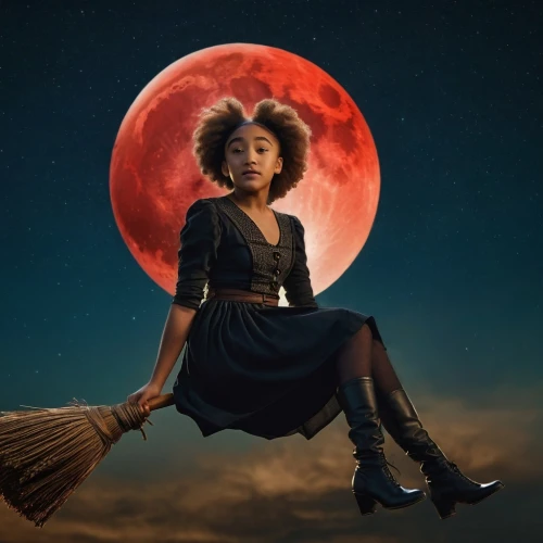 blood moon,blood moon eclipse,lunar eclipse,phase of the moon,violinist violinist of the moon,celebration of witches,broomstick,digital compositing,photo manipulation,girl in a historic way,black woman,the moon,moonlight,total lunar eclipse,red riding hood,celestial body,conceptual photography,lunar,big moon,full moon day