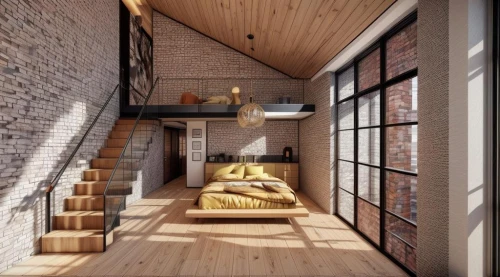 loft,hallway space,an apartment,modern room,brick house,shared apartment,wooden stairs,home interior,attic,sand-lime brick,3d rendering,wooden house,wooden windows,interior modern design,apartment,inverted cottage,penthouse apartment,bedroom,smart home,wooden beams