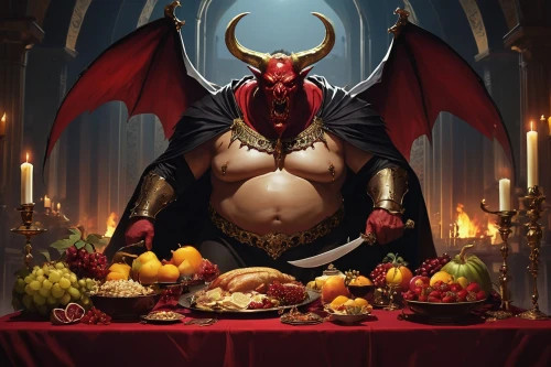 krampus,devil,thanksgiving background,appetite,gluttony,helloween,omnivore,cooking book cover,cornucopia,feast,death god,thanksgiving dinner,dark mood food,lucifer,blood church,christ feast,paganism,happy thanksgiving,food table,caterer,Conceptual Art,Fantasy,Fantasy 06
