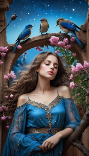 fantasy picture,fairy tale character,the sleeping rose,blue birds and blossom,fantasy portrait,fairy tale,children's fairy tale,cinderella,fantasy art,blue moon rose,fairy tales,faerie,fairytales,faery,fairy queen,fairy tale icons,rapunzel,a fairy tale,rosa 'the fairy,mystical portrait of a girl,Conceptual Art,Fantasy,Fantasy 11