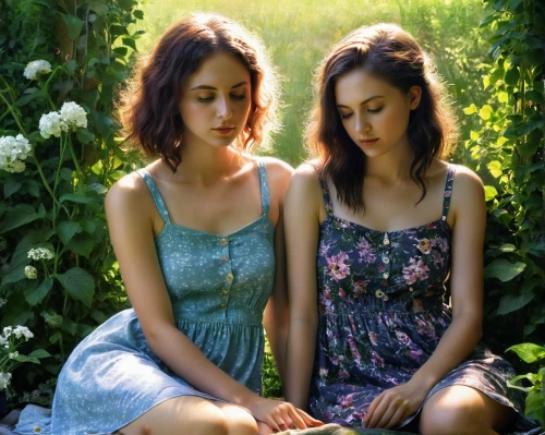 two girls,daisies,young women,sun daisies,beautiful photo girls,twin flowers,meadow in pastel,beautiful women,sisters,mirror in the meadow,meadow,in the early summer,on the grass,idyll,barberton daisies,angels,pretty women,vintage girls,vintage fairies,summer meadow,Illustration,Realistic Fantasy,Realistic Fantasy 07
