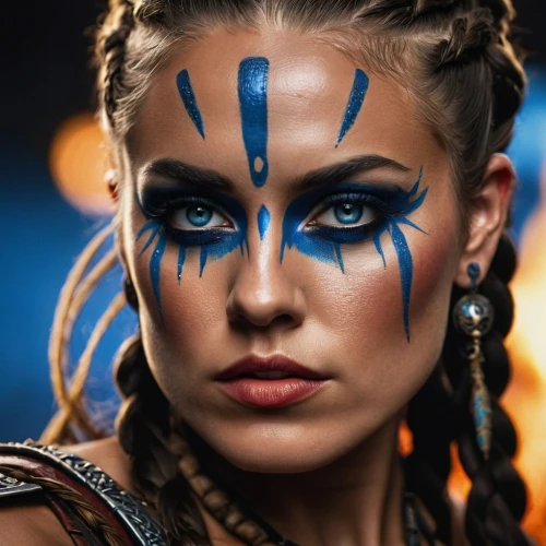 female warrior,warrior woman,valerian,face paint,avatar,warrior east,tribal,warrior,tribal arrows,awesome arrow,celtic queen,the enchantress,shaman,blue enchantress,runes,artemisia,raider,darth talon,symetra,tribal chief,Photography,General,Commercial