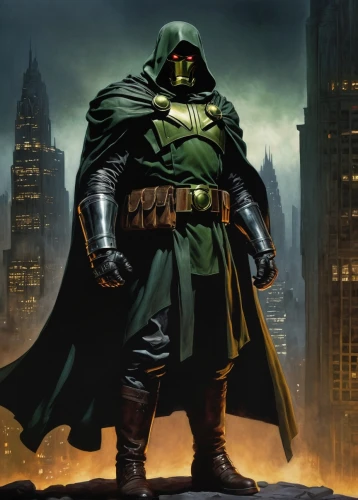 doctor doom,kryptarum-the bumble bee,batman,patrol,cowl vulture,caped,lantern bat,darth vader,darth wader,vader,iron mask hero,supervillain,heroic fantasy,imperial coat,green goblin,poblano,hooded man,boba fett,figure of justice,henchman,Illustration,Retro,Retro 25