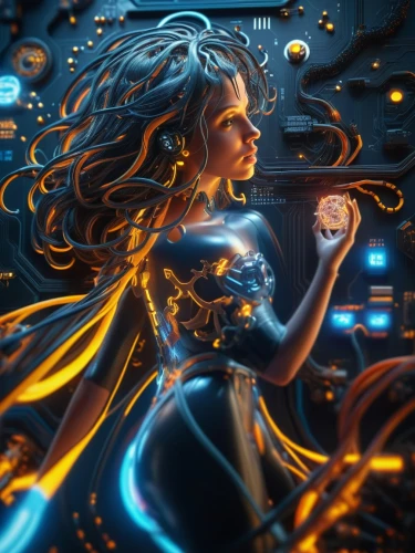 sci fiction illustration,world digital painting,transistor,fantasy art,circuitry,digital art,andromeda,the enchantress,mystical portrait of a girl,luminous,cyberspace,computer art,fantasy picture,medusa,fantasia,neon body painting,immersed,psychedelic art,3d fantasy,aura,Photography,General,Sci-Fi