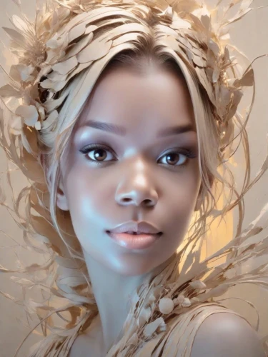 girl in a wreath,fantasy portrait,digital painting,artificial hair integrations,digital art,world digital painting,retouching,digital artwork,golden wreath,dryad,mystical portrait of a girl,african woman,african american woman,willow flower,retouch,fashion illustration,bjork,rose png,portrait background,digital compositing