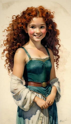 merida,redhead doll,little girl in wind,cinnamon girl,girl with cloth,portrait of a girl,princess anna,red-haired,girl with a wheel,hipparchia,dwarf sundheim,milkmaid,celtic queen,raggedy ann,dulcinea,the sea maid,girl with bread-and-butter,girl in a historic way,fairy tale character,a girl in a dress,Illustration,Paper based,Paper Based 23