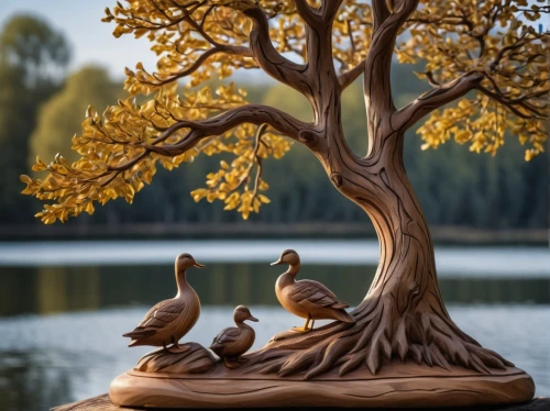 maple bonsai,ornamental duck,wood art,wood carving,birds on a branch,wooden figures,birds on branch,mandarin ducks,brown tree,perched on a log,carved wood,bonsai tree,japanese garden ornament,perched birds,flourishing tree,duck on the water,brahminy duck,ducks,wild ducks,wooden birdhouse,Photography,General,Natural