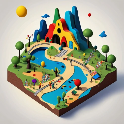 rainbow world map,miniature golf,water park,bouldering mat,mini golf course,3d fantasy,play area,children's background,children's playground,hot-air-balloon-valley-sky,outdoor play equipment,airbnb logo,theme park,playmat,isometric,artificial islands,fairy world,adventure playground,fairy village,underwater playground,Unique,3D,Isometric