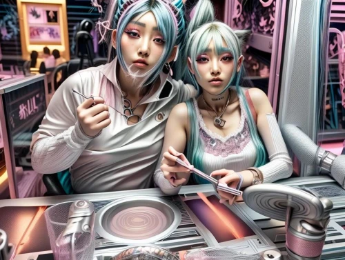 s-record-players,capsule-diet pill,harajuku,vocaloid,pinball,anime 3d,cyberpunk,electronic music,anime japanese clothing,dreamcast,gangneoung,synthesizer,cyberspace,hair coloring,hairdresser,hairdressing,cybernetics,metaverse,hifi extreme,dollhouse
