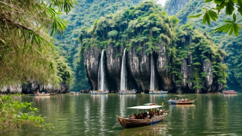 khao phing kan,vietnam,thailand,phang nga bay,boat landscape,cambodia,southeast asia,viet nam,green trees with water,vietnam's,backwaters,halong bay,hanoi,phuket province,laos,canoeing,cave on the water,row boats,mekong,guilin