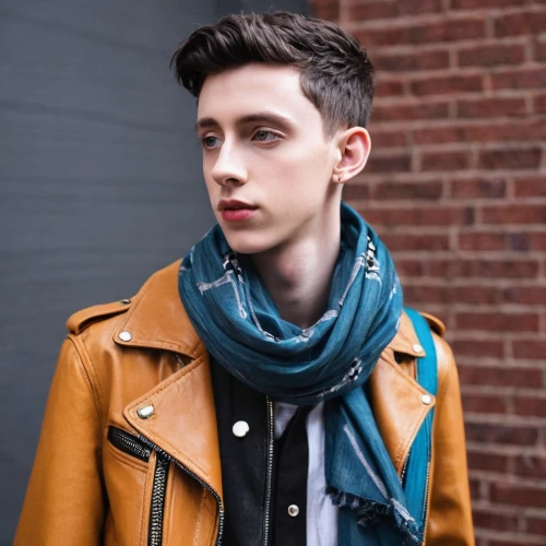 male model,scarf,turquoise leather,ryan navion,austin stirling,jack rose,leather jacket,outerwear,menswear,boy model,young model,vintage boy,george russell,teal and orange,blogger icon,parka,dan,young man,semi-profile,pompadour,Photography,Fashion Photography,Fashion Photography 17