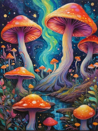 mushroom landscape,mushrooms,psychedelic art,mushroom island,psychedelic,lsd,cubensis,toadstools,forest mushrooms,fairy forest,fairy world,mushrooms brown mushrooms,medicinal mushroom,forest of dreams,wonderland,fairy galaxy,hallucinogenic,cartoon forest,fairy village,fungi,Conceptual Art,Oil color,Oil Color 05