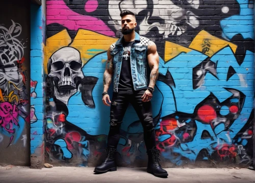 skillet,punk,graffiti,beatnik,capital cities,vest,rockabilly style,rocker,jeans background,portrait background,concrete background,punk design,farro,alleyway,grunge,artist portrait,male model,tall man,leather,pompadour,Conceptual Art,Daily,Daily 12