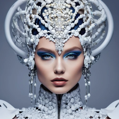 ice queen,the snow queen,suit of the snow maiden,blue enchantress,headdress,headpiece,ice princess,silvery blue,white rose snow queen,haute couture,the carnival of venice,fantasy woman,biomechanical,humanoid,priestess,fashion design,fractalius,artificial hair integrations,bridal accessory,fantasy art,Photography,Fashion Photography,Fashion Photography 01