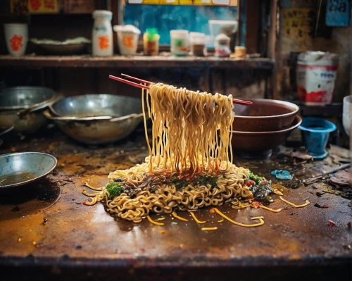 fried noodles,bars ramen in saigon,singapore-style noodles,soba,hot dry noodles,soba noodles,jajangmyeon,okinawa soba,yakisoba,yaki udon,thai noodle,dried shredded squid,chowmein,thai noodles,hong kong cuisine,feast noodles,udon,anhui cuisine,okonomiyaki,noodle bowl,Conceptual Art,Oil color,Oil Color 20